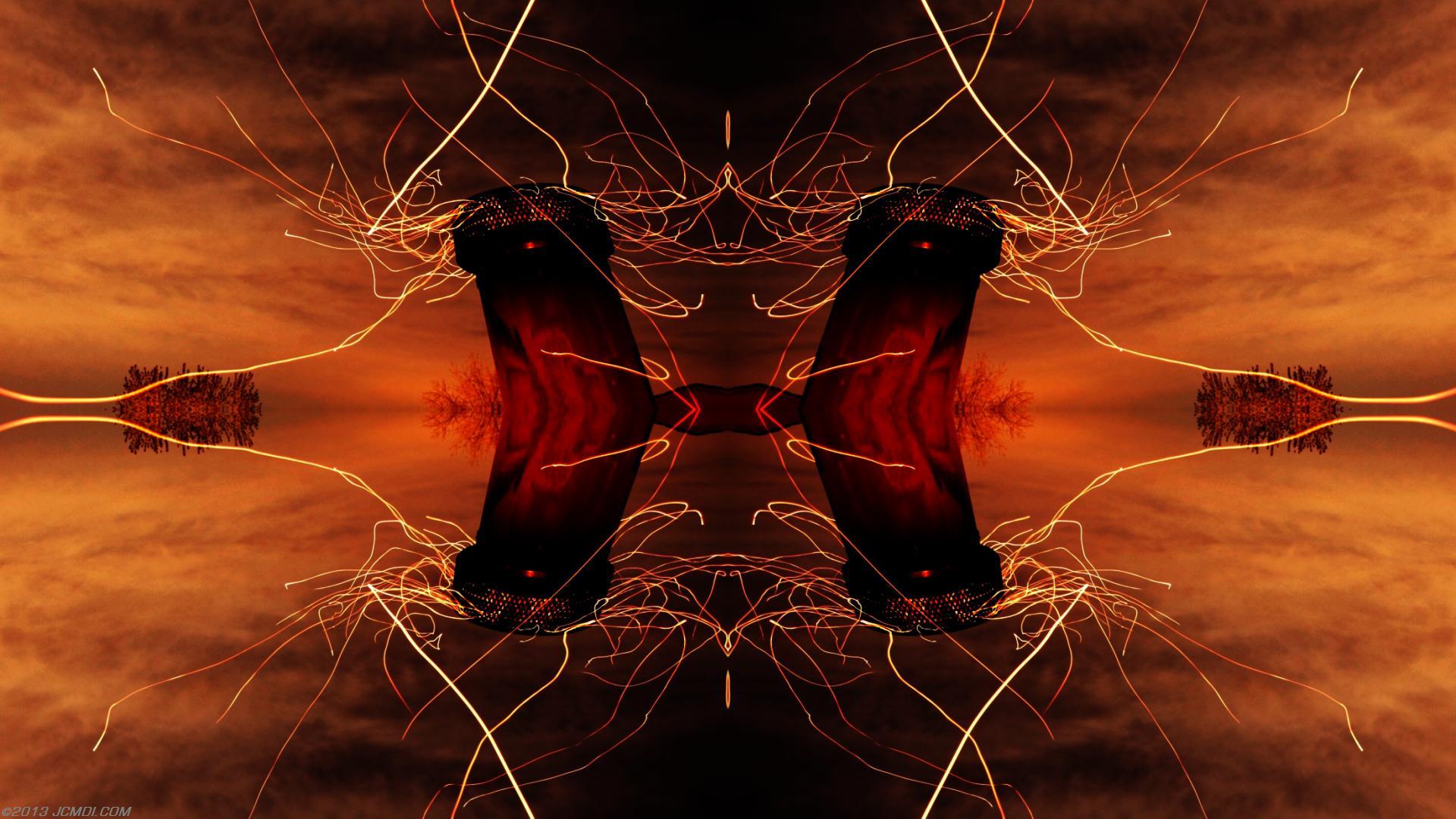 Quadroscopic composite trails: Zoomed 5D clouds moon chimney sparks and stars